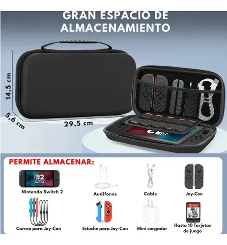 Foto 2 de Kit 5en1 Switch 2 Estuche Grip Case Vidrio (Negro)