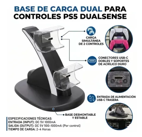 Foto 3 de Cargador Dual Estacion Base De Carga Para Controles Ps5 Negro