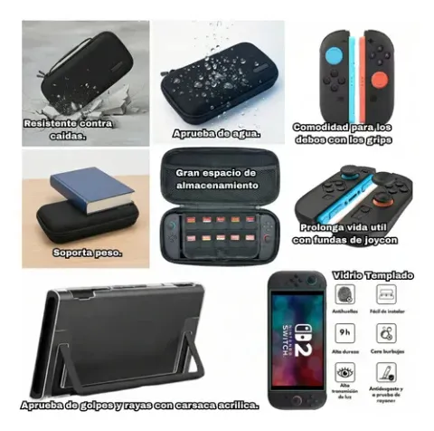 Foto 5 de Set Switch 2 Estuche Mica Fundas Grips Carcasa (9 en 1) (Negro)